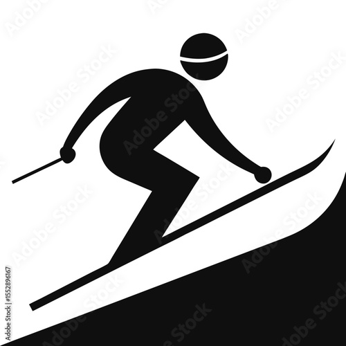 Minimalist black silhouette of a skier carving downhill in winter