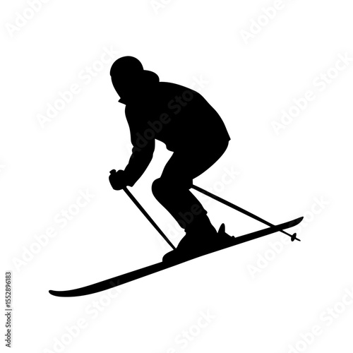 Minimalist black silhouette design depicting a skier in motion on white background