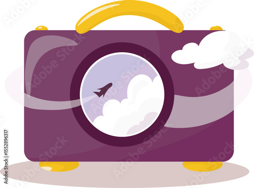 bag, suitcase for travel. Vacation. Airplane window. Vector illustration. Vacation postcard