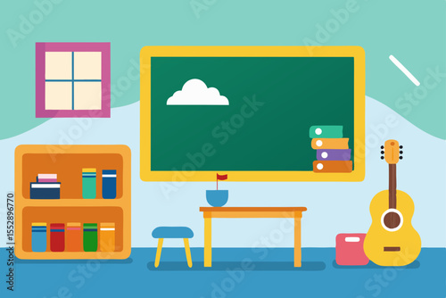 Back to school concept: a flat design vector illustration of a cozy home office interior with a school desk, books, and a computer