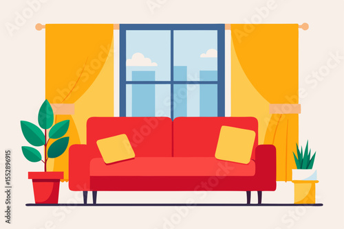 Cozy Living Room Interior Design Red Sofa, Yellow Curtains, City View