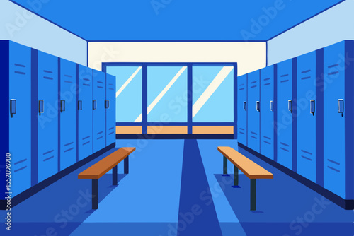 Locker Room Interior Design Blue Lockers, Benches, and Bright Windows