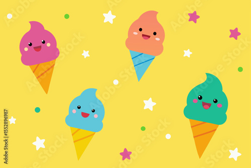 Adorable Kawaii Ice Cream Cones Sweet Summer Treats Illustration