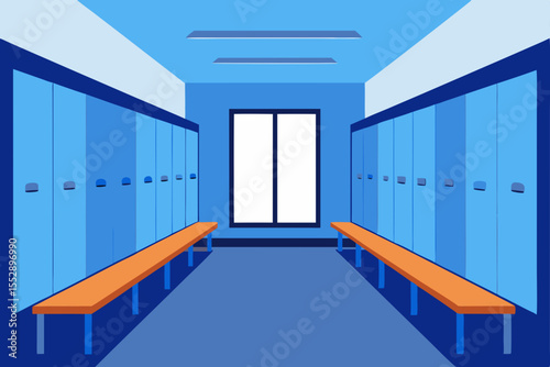 Locker Room Interior Blue Lockers, Benches, and a Window
