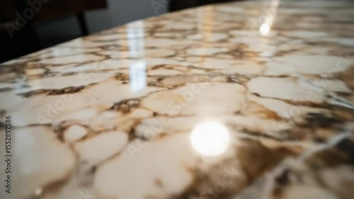 Polished Marble Table Surface with Reflected Light and Abstract Veining Patterns