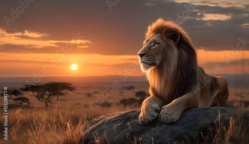 A majestic lion perched on a rock, gazing over a savannah at sunset, embodying strength and grace in wildlife.