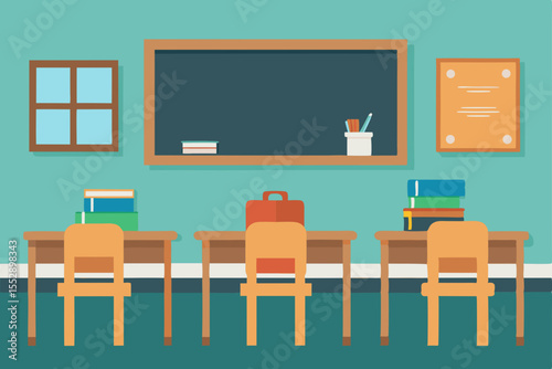 Classroom Learning Environment  Desks, Books, and Blackboard Ready for Education