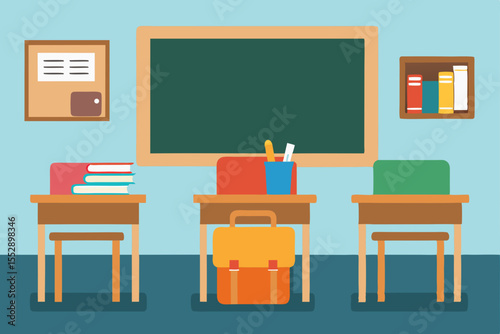 Classroom Learning Environment Desks, Books, and Chalkboard