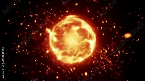 A bright orange plasma ball with fiery particles floating on a dark red and black background