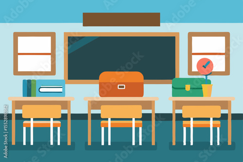 Classroom Learning Environment Desks, Blackboard, and Educational Supplies