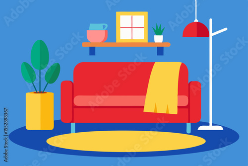 Cozy Living Room Interior Design Red Sofa, Plants, and Warm Lighting