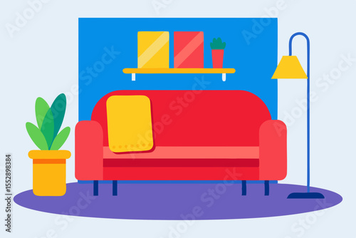 Cozy Living Room Interior Design Red Sofa, Plants, and Modern Decor