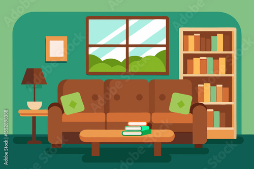Cozy Living Room Interior Design Bookshelf, Sofa, and Tranquil Atmosphere