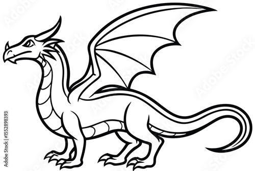 Line art shows a majestic winged dragon standing with a detailed head and tail