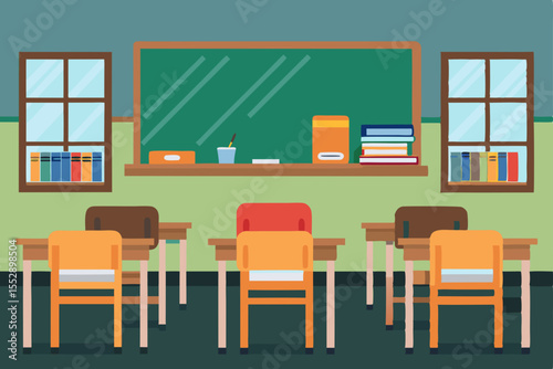 Classroom Learning Environment  Desks, Chairs, and Bookshelves in a  Well-Organized Educational Space