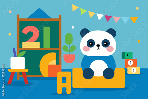 Adorable Panda in a Playful Classroom Setting Fun Learning Illustration