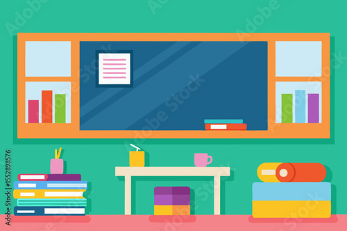 Classroom Learning Environment Books, Desk, and Blackboard Design
