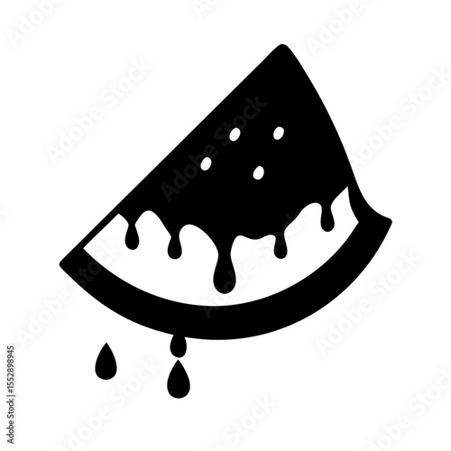 Illustration of a black watermelon slice with dripping juice and visible seeds on a white background