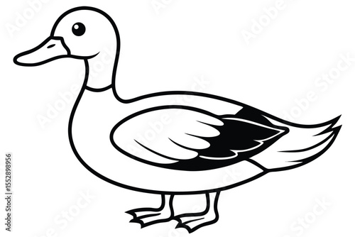 Black stylized duck swimming features detailed line work on its feathers and body