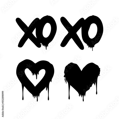 Black xoxo letters and heart shapes with dripping paint effect on a white isolated background design