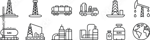 Set of Oil Industry Icons with Rigs, Tanks, and Pipelines for Energy Design