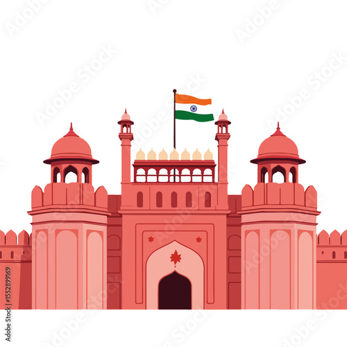Decorated Red Fort with Indian flag, celebrating Independence Day. Red Fort illustration features national flag waving proudly above iconic gate.
