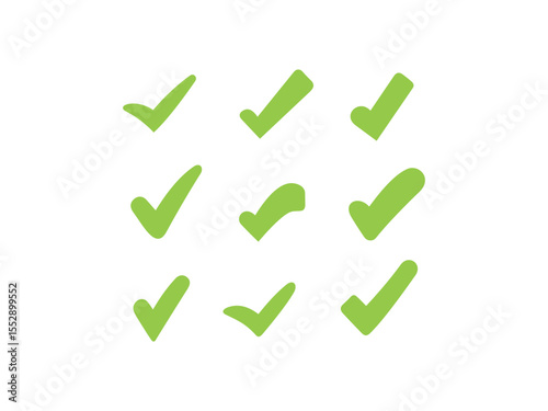 Green check mark icon vector illustration collection. Correct vote choice symbol.