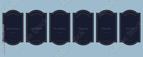 Big set of Dark blue Premium Labels with elegant gold frames and refined typography in luxurious style. Good for high-end products, smoked products, gourmet sauces, aged liquors, artisanal condiments,