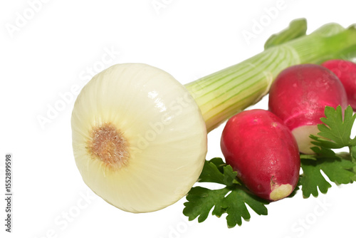 Green onions and radishes on PNG background.