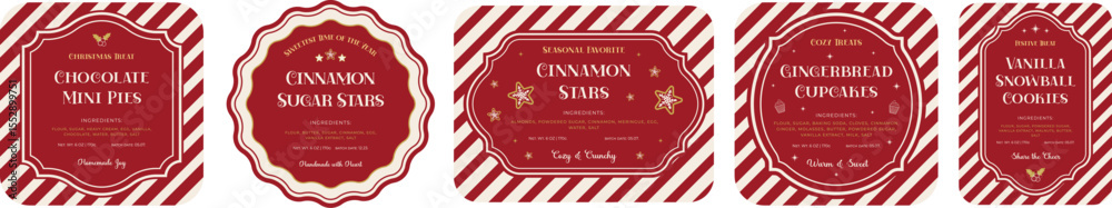 Naklejka premium Set of red Festive Holiday Labels. Good for Christmas bakery, cookies, pastries, seasonal packaging, bakery branding, holiday gifts