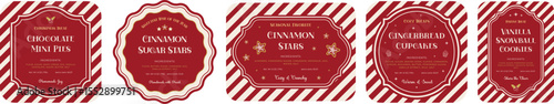 Set of red Festive Holiday Labels. Good for Christmas bakery, cookies, pastries, seasonal packaging, bakery branding, holiday gifts