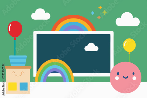 Joyful Classroom Illustration Rainbow, Balloons, and Happy Learning