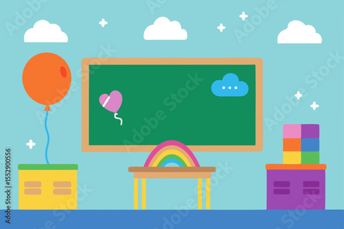 Vibrant Classroom Illustration Colorful Learning Environment with Rainbow and Balloons