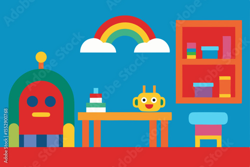 Child's room interior design with bed, table, chair, toys, and a window, a cartoon vector illustration of a comfortable nursery in a house