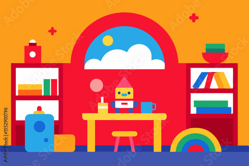 Cartoon interior room design set with a baby toy and window