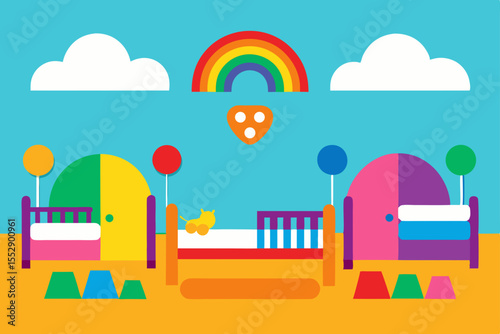 Colorful Nursery Room Illustration Rainbow, Clouds, and Playful Decor