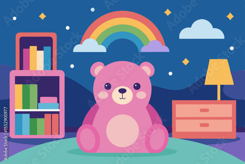Sweet Dreams Pink Teddy Bear in a Magical Rainbow Nursery