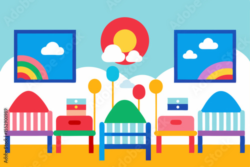 Joyful Nursery Room Illustration Colorful Crib, Rainbow, and Happy Sun Design