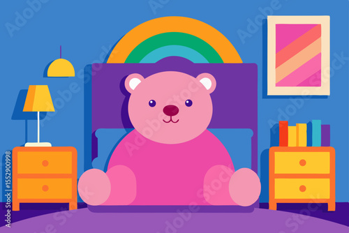 Adorable Pink Teddy Bear in a Cozy Bedroom Illustration