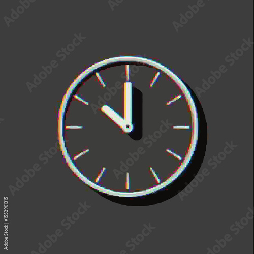 A minimalist grayscale clock displays the time, subtly distorted with a glitch effect.