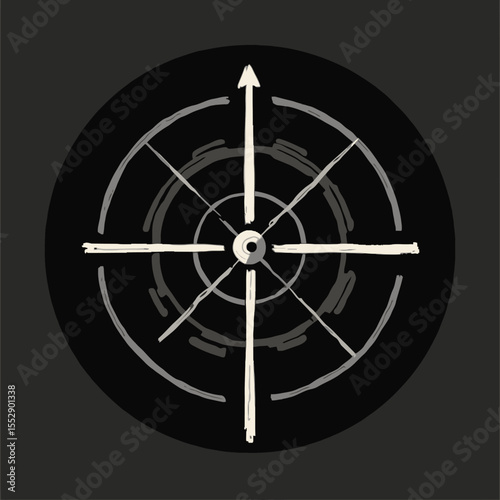 Stylized compass rose illustration with a circular background and abstract design elements.