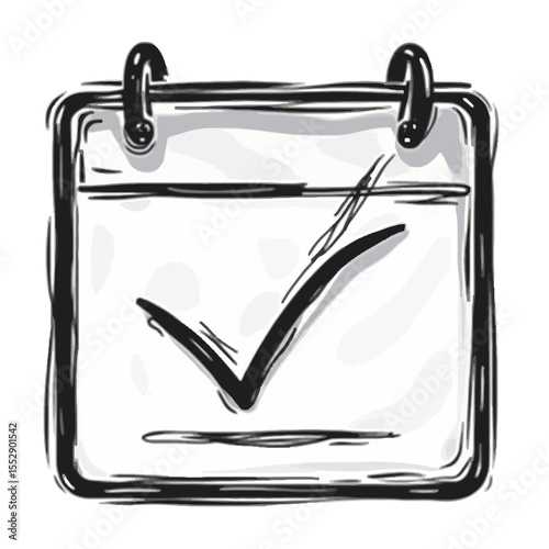 Sketch of a calendar page with a check mark, representing completion or scheduling.