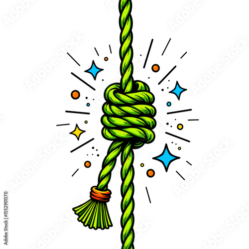 Pop art green climbing rope isolated on white, eco fitness adventure symbol