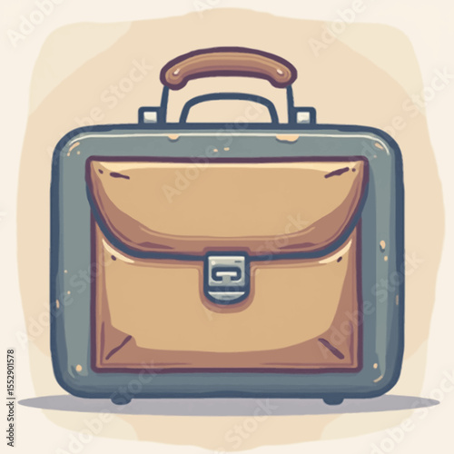 A stylized illustration of a vintage briefcase, featuring a brown leather flap and metal hardware.