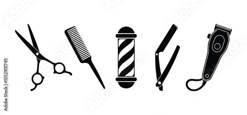 Black Barbershop Tools Set: Professional Haircutting Equipment Silhouettes

