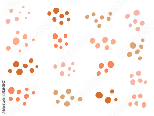 Abstract Rounded Dot Cluster Collection. A minimal collection of sixteen abstract dot clusters in soft earthy tones featuring circular forms and scattered layouts. Perfect for patterns backgrounds