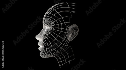 Wire-frame model of a human head in profile against a black background, with white grid lines outlining facial contours, forehead, nose, lips, chin, and ear shape, emphasizing geometric structure
