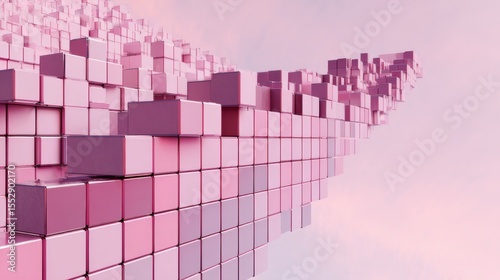 Mesmerizing 3D composition of pink and purple cubes in a sweeping, undulating formation with gradient hues, geometric elegance, and a soft pastel background.