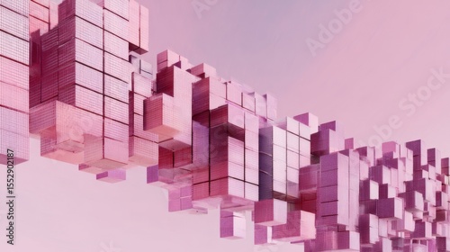 Abstract arrangement of floating pink-hued cubes with grid-like textures, varying sizes, and orientations against a soft pastel pink background, creating depth, complexity, and a futuristic