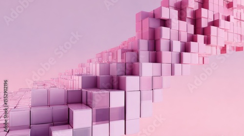 Ascending geometric structure of pink-hued cubes with varying shades, creating depth and dimension on a soft gradient pink background, minimalistic and futuristic aesthetic.